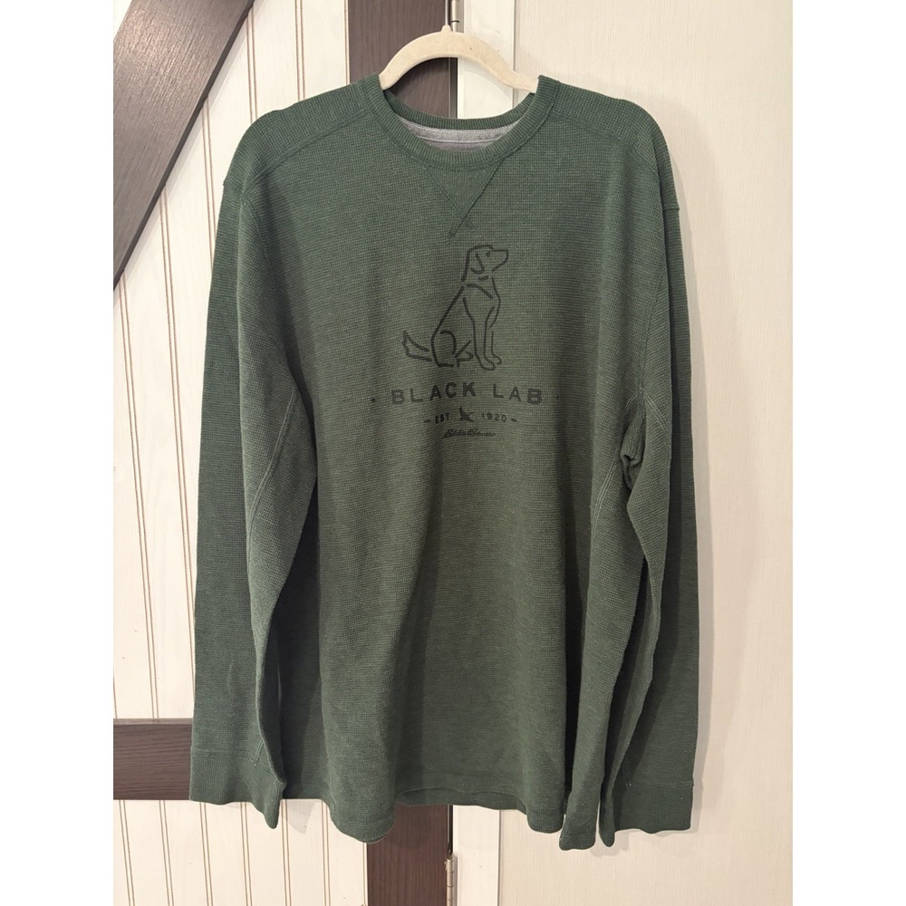 Eddie Bauer Mens Waffle Knit Shirt Crew Neck Forest Green Black Lab Sz TXL